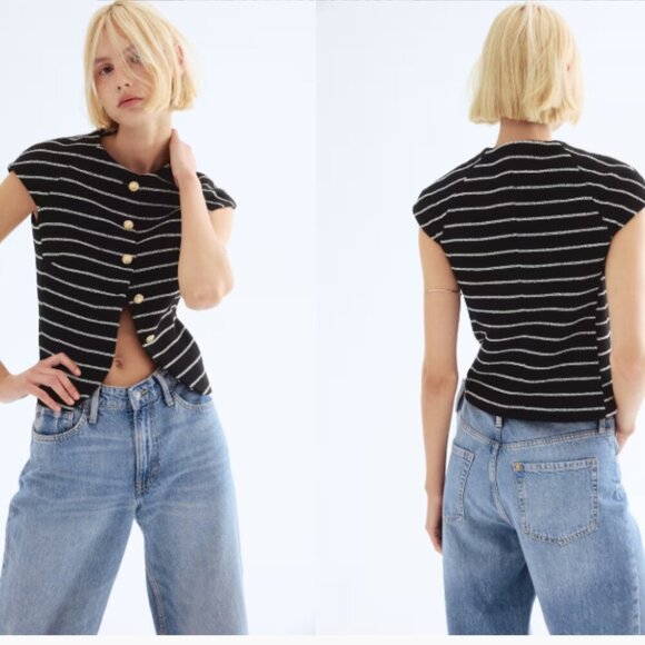 NWT H&M Black & White Striped Tweed Short Sleeve Button Front Top Blazer Size XL - Picture 1 of 15